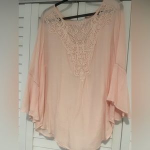 Spense 1X long sleeve pale pink blouse with embroidery.
